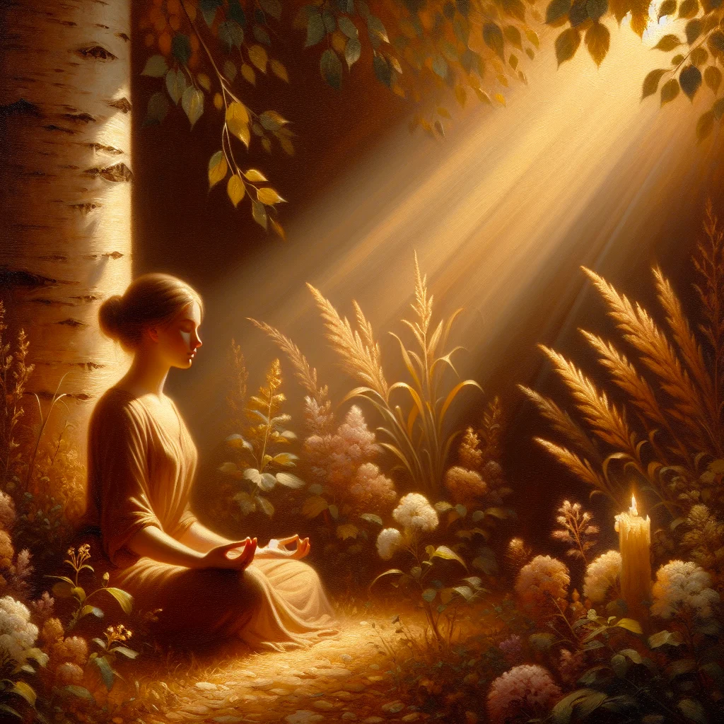 A tranquil outdoor scene showing someone engaged in stoic meditation practice with natural elements symbolizing inner calm and wisdom