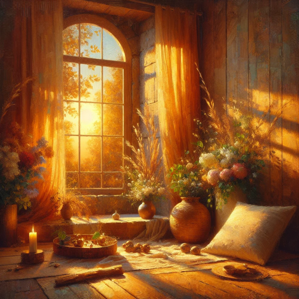 Tranquil sunrise scene with meditation space featuring cushion and gentle morning light streaming through window