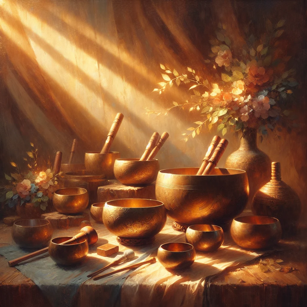 Collection of Tibetan singing bowls arranged for online sound bath meditation session