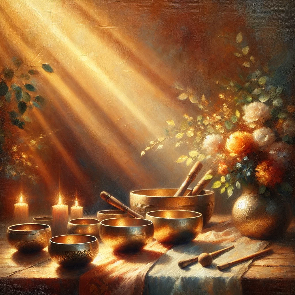 Traditional Tibetan singing bowls used in sound healing therapy sessions with vibration waves visible