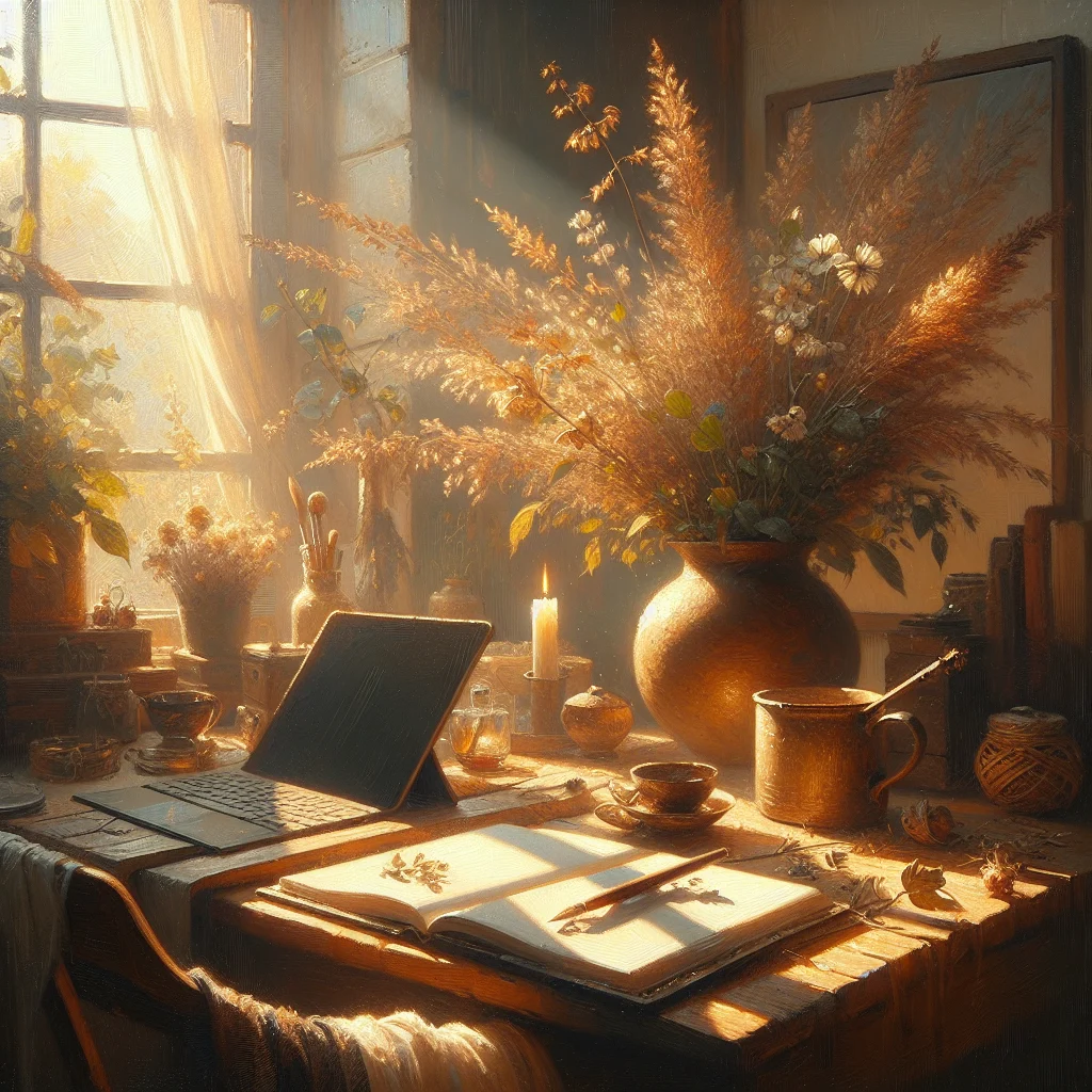 Cozy, minimalist workspace of a slow living blogger with natural light, plants, and simple desk setup