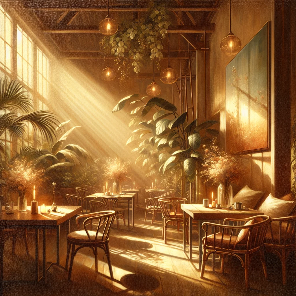 Peaceful slow living cafe interior in Denpasar City with natural wooden furniture and lush green plants