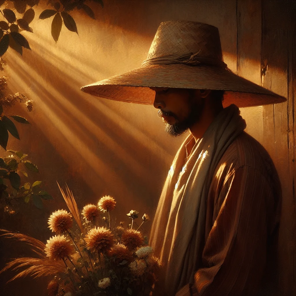 Person wearing a slow living culture hat made from sustainable natural materials in a peaceful outdoor setting