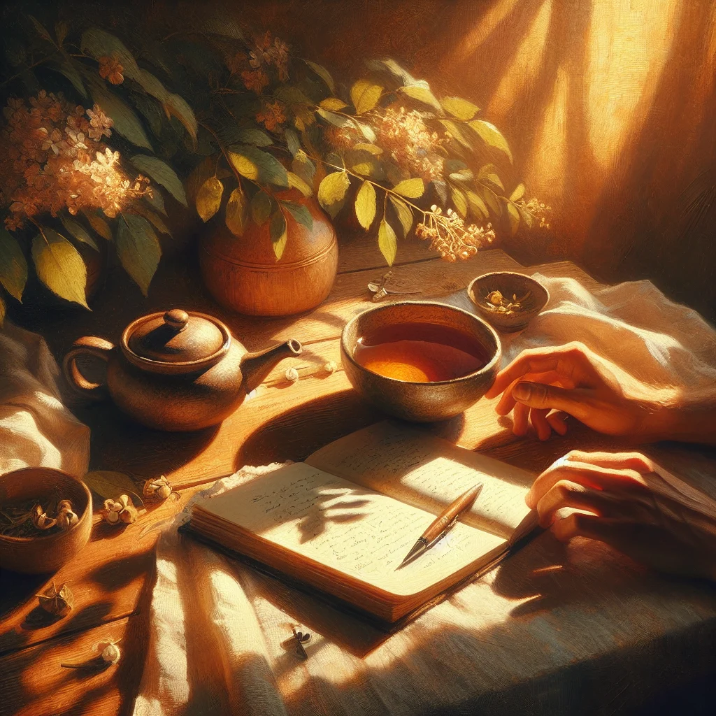 Morning ritual showing tea preparation and journaling as part of a slow living daily routine