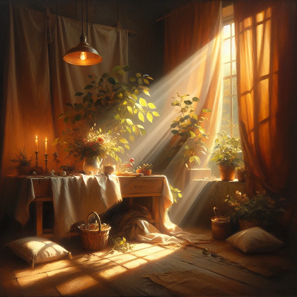 slow-living-home-natural-elements Slow living home featuring natural elements including houseplants, wooden furniture, and natural light streaming through windows