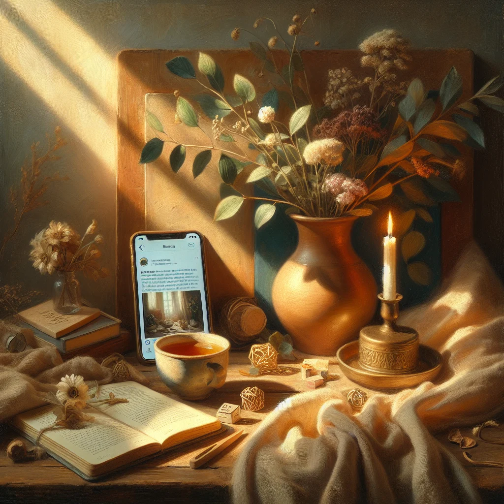 A peaceful slow living Instagram feed displaying minimalist photos of nature, simple home spaces, and mindful daily moments arranged in a cohesive aesthetic grid