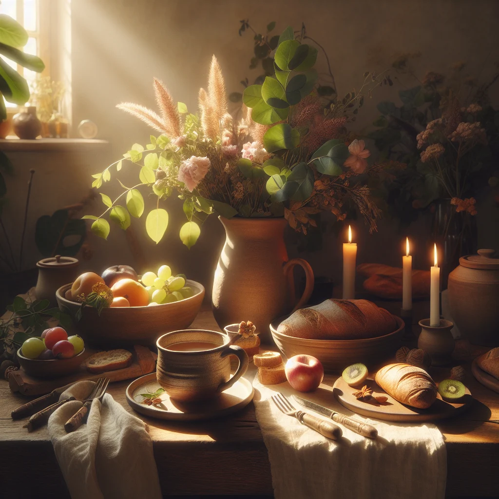 slow-living-mindful-breakfast-scene Mindful breakfast scene representing slow living principles with simple whole foods and natural setting