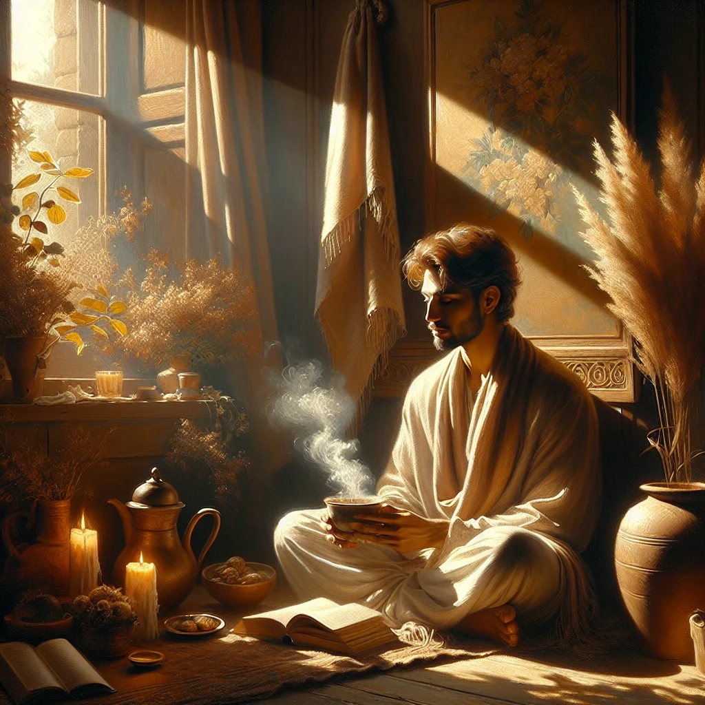 Peaceful morning scene showing slow living blogger enjoying tea by a window with natural elements and soft morning light