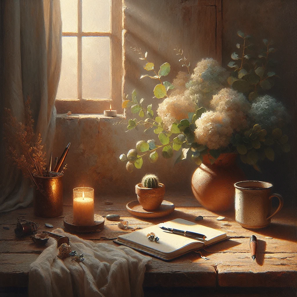 A slow living planner notebook open on a wooden desk surrounded by plants and a cup of tea