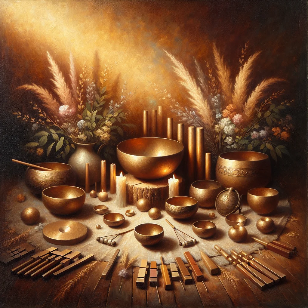 Collection of sound healing instruments including crystal bowls, tuning forks, and gongs arranged for a healing sound journey session