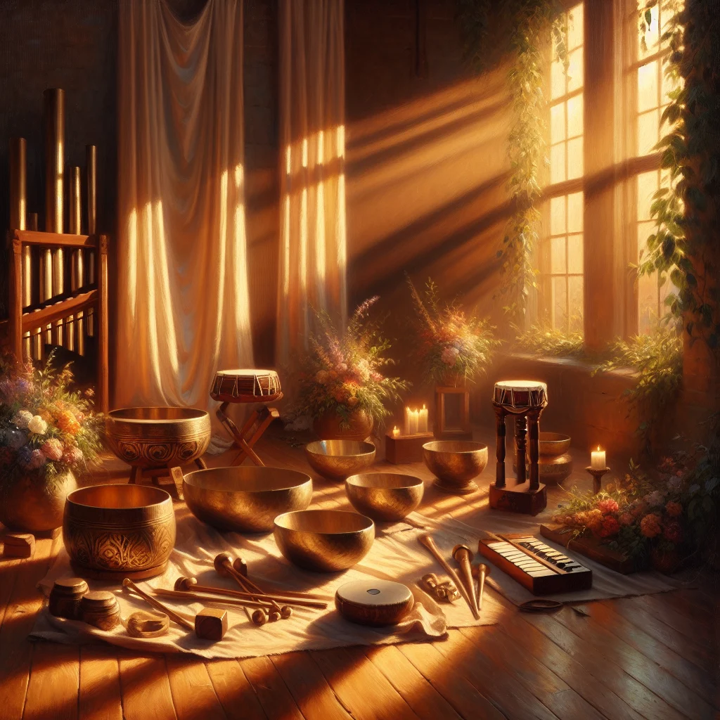 Traditional sound healing instruments including Tibetan singing bowls and crystal bowls arranged in India