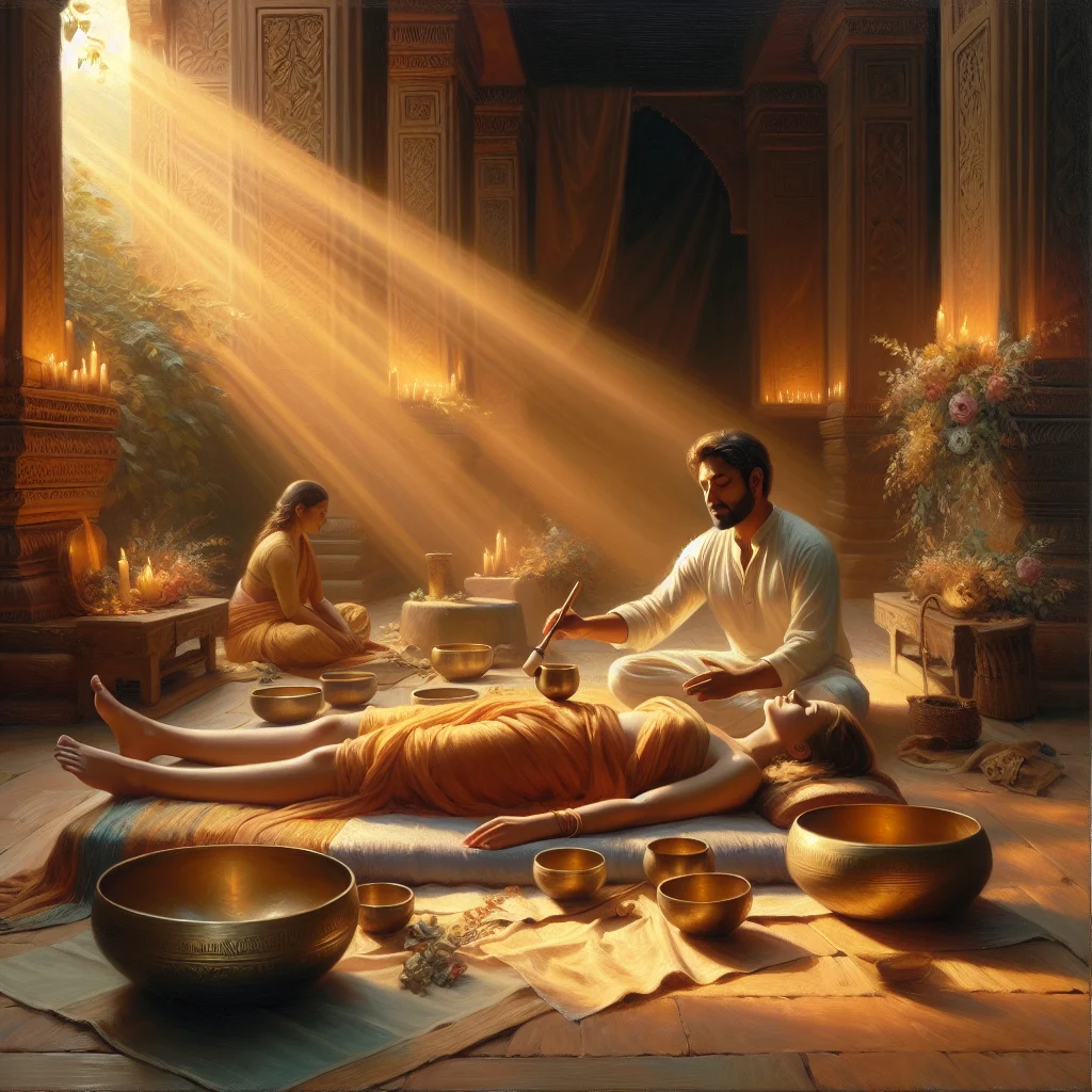 Person receiving a sound healing session with singing bowls during a course in India