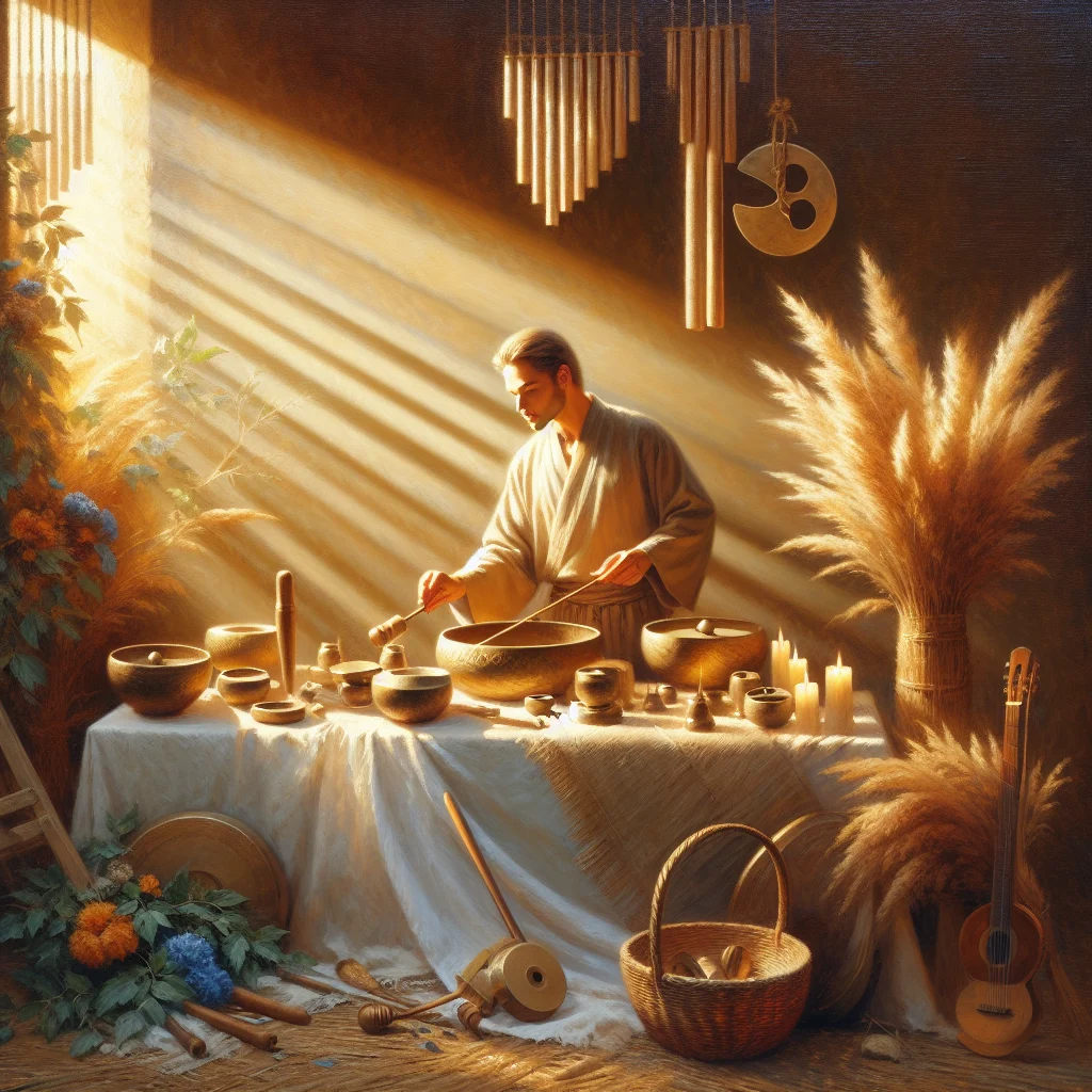 Professional sound healing practitioner preparing various sound healing tools including tuning forks, crystal bowls, and chimes for a therapy session