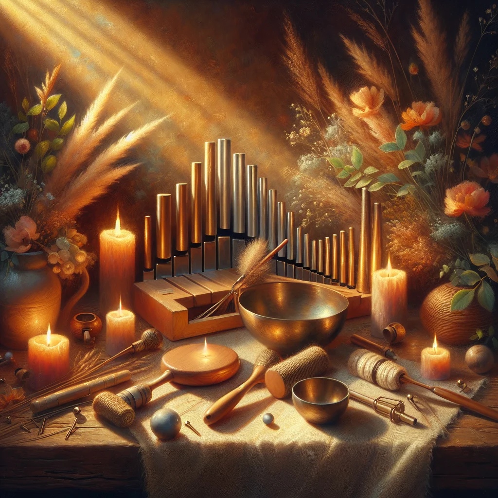 sound-healing-session-with-frequency-instruments Sound healing therapy session showing various instruments used for hz music healing frequencies