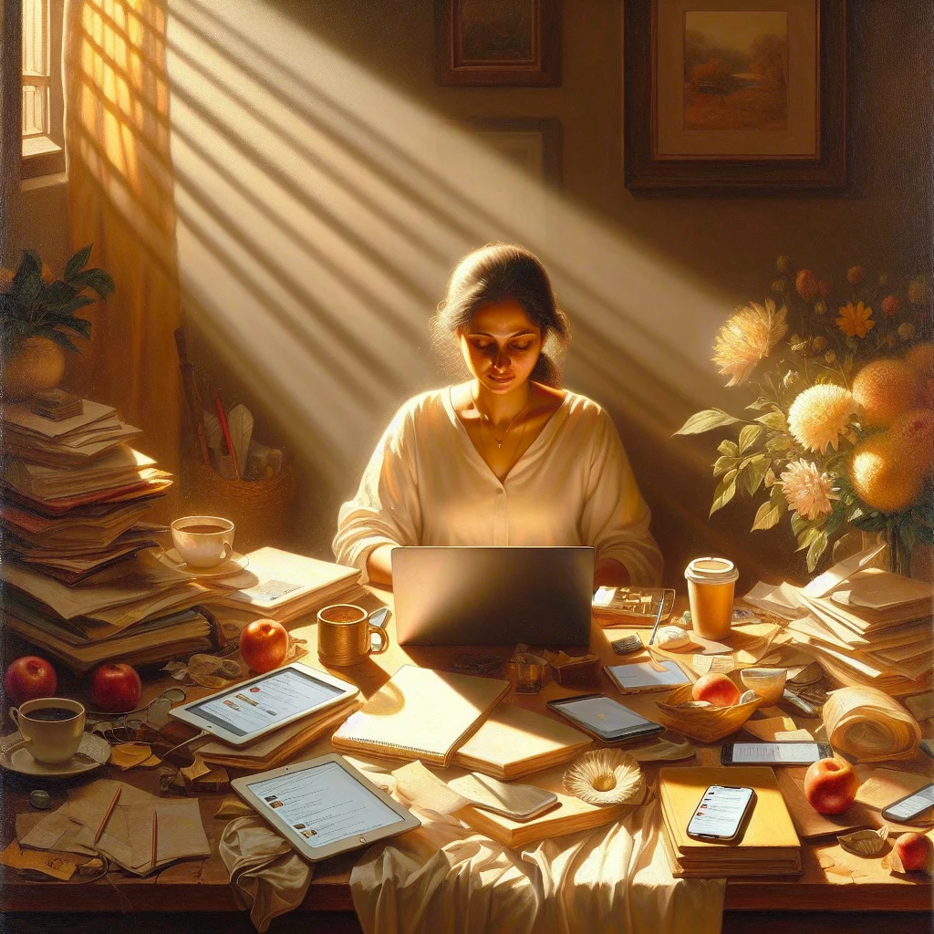 stressed-person-multiple-devices-multitasking Individual overwhelmed by multiple digital devices and tasks simultaneously, illustrating fast living stress