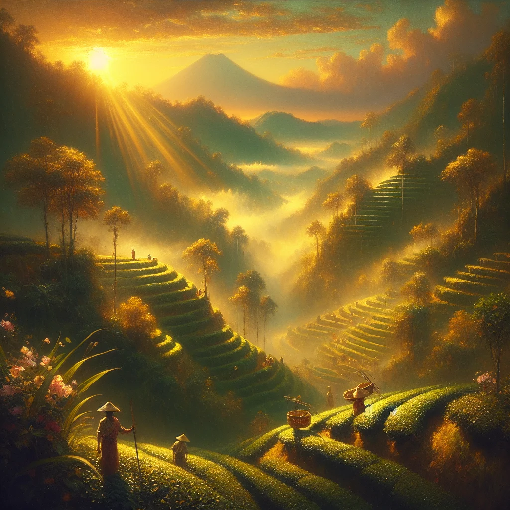 Expansive green tea plantation on misty mountain slopes in Karanganyar showcasing slow living agriculture