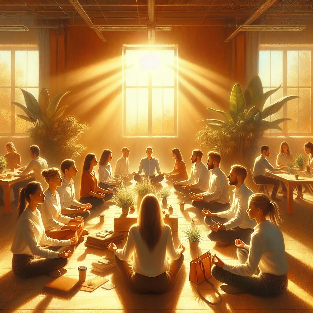 Group of office workers participating in mindfulness session during workplace wellness program