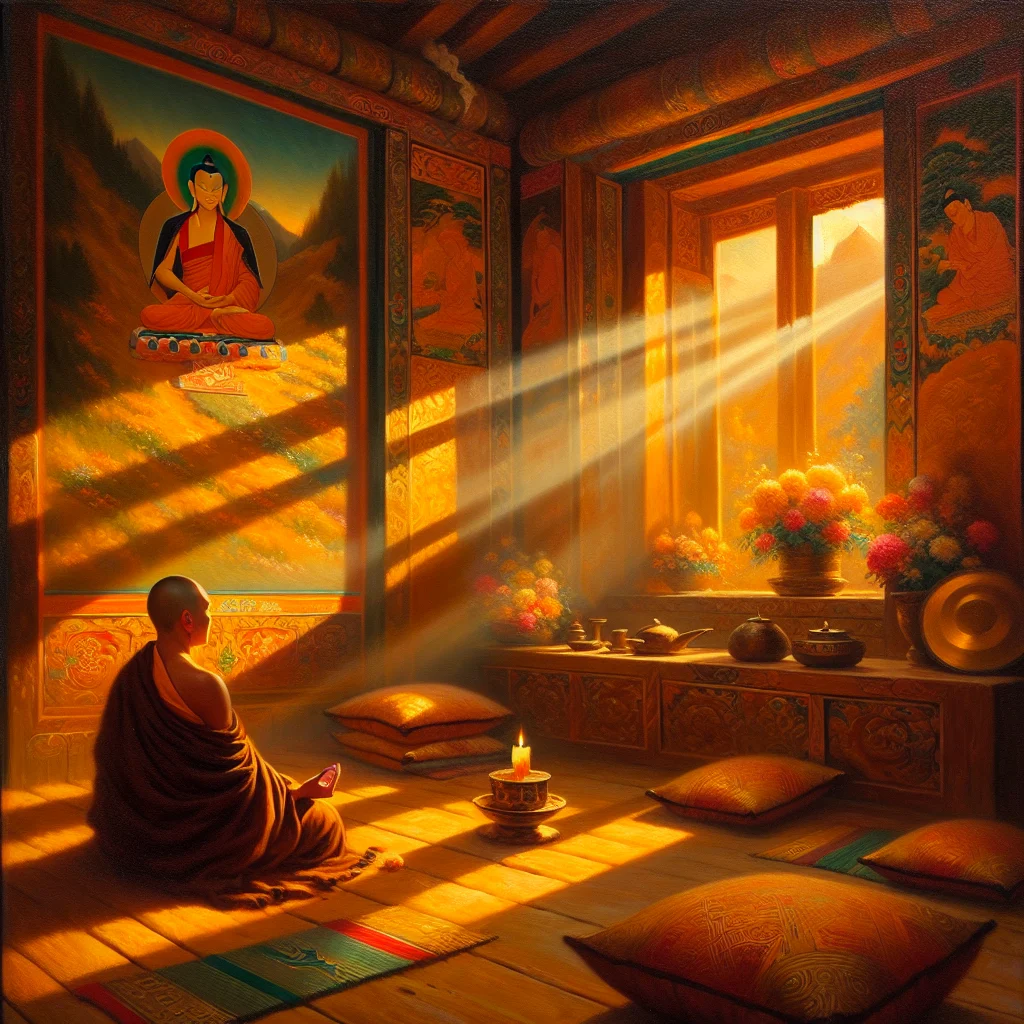 Tibetan Buddhist monk practicing guided meditation in traditional monastery setting with prayer flags and peaceful atmosphere