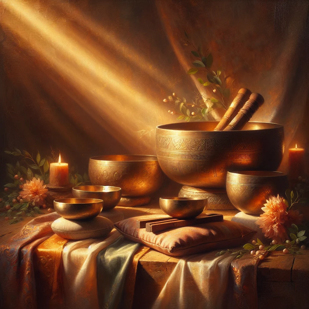 Collection of Tibetan singing bowls and other sound healing tools arranged on a meditation altar
