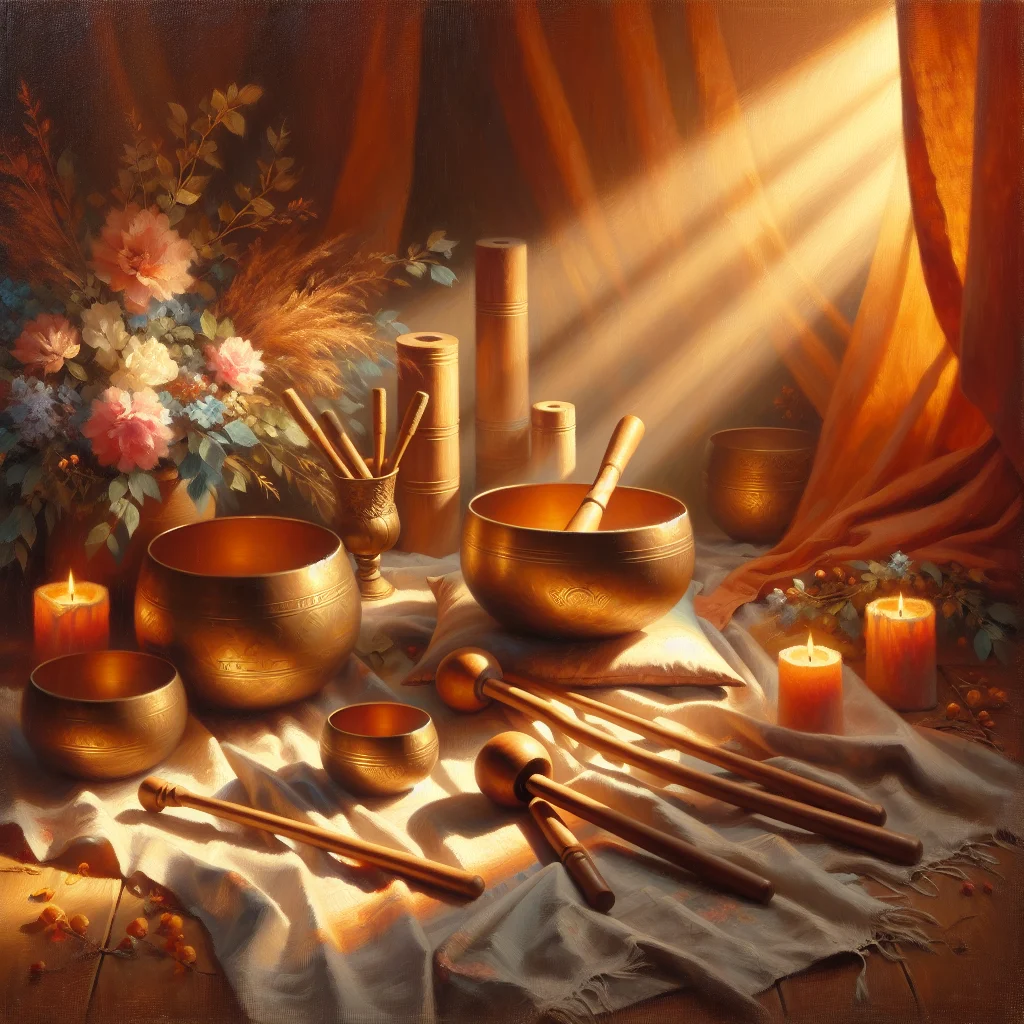 Collection of Tibetan singing bowls arranged for meditation music therapy session