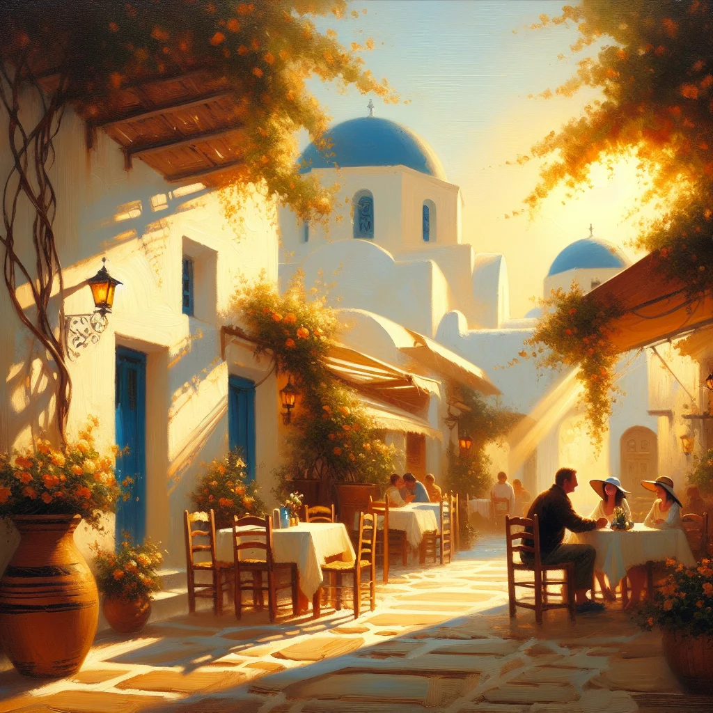traditional-greek-village-lifestyle Traditional Greek village scene showcasing slow living with whitewashed buildings, outdoor taverna, and people enjoying leisurely conversation