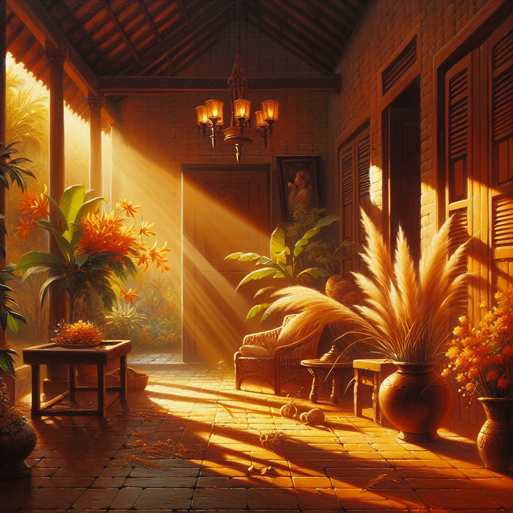 Traditional Javanese courtyard in Yogyakarta showcasing slow living atmosphere with morning light filtering through tropical plants