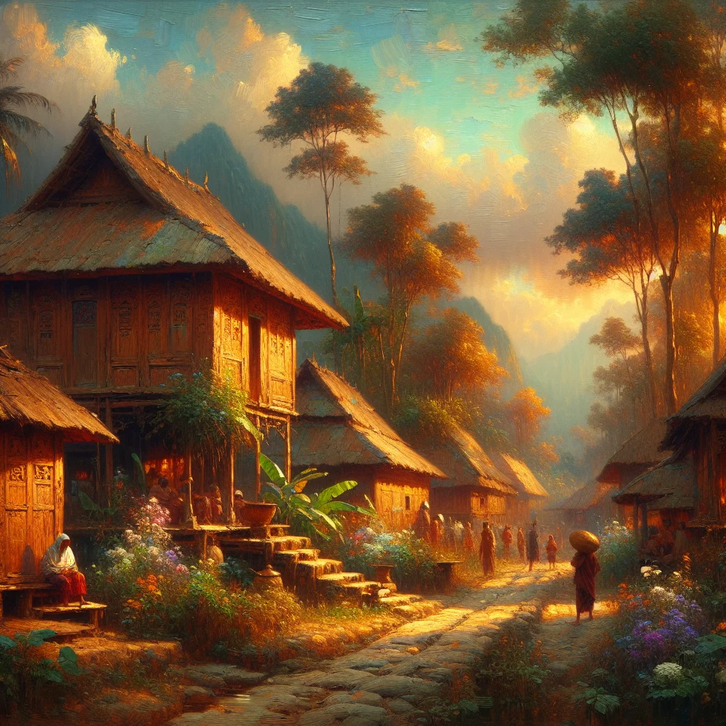 Peaceful traditional Javanese village in Karanganyar with wooden houses and local residents practicing slow living lifestyle