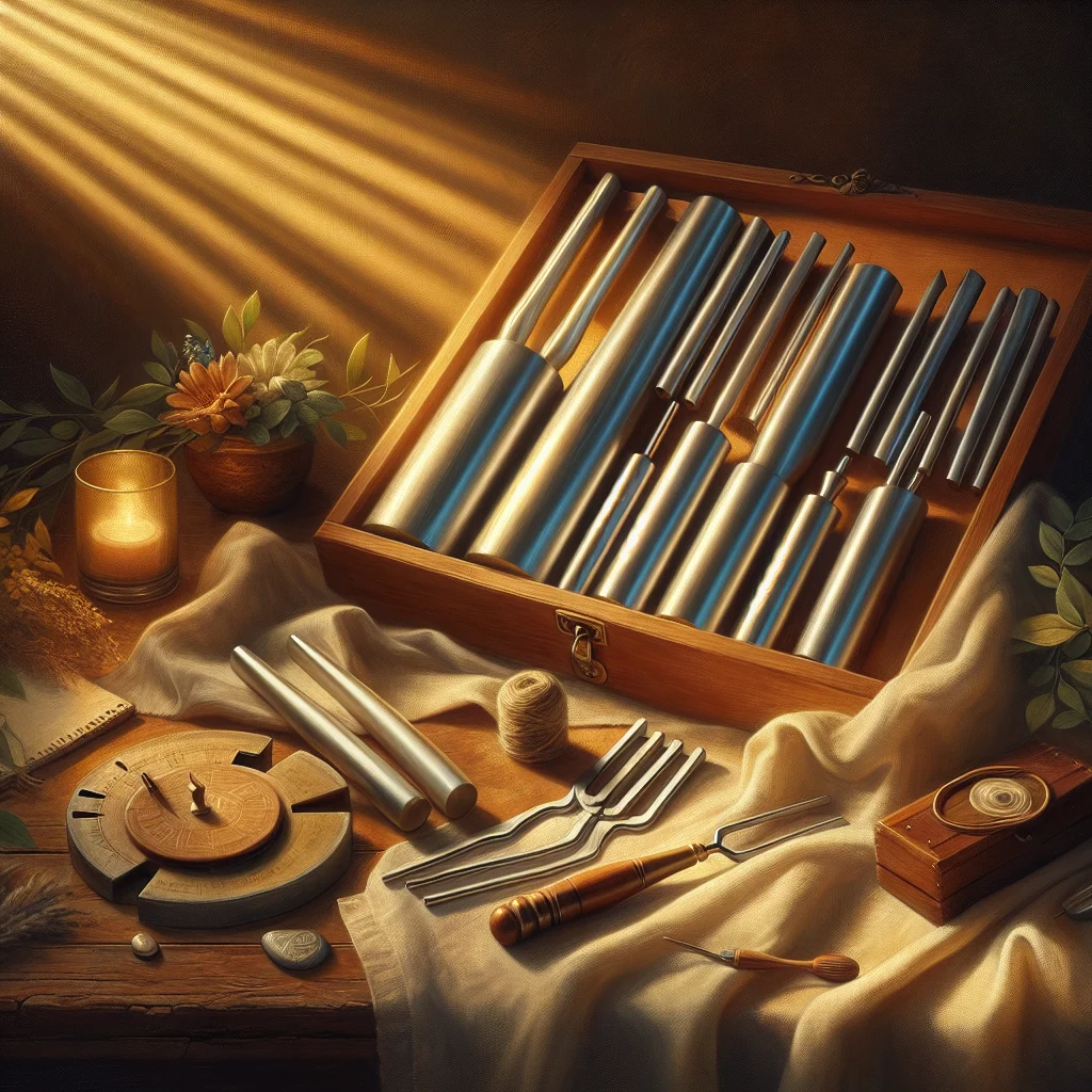 Collection of therapeutic tuning forks arranged on wooden surface showing different sizes and frequencies for healing purposes