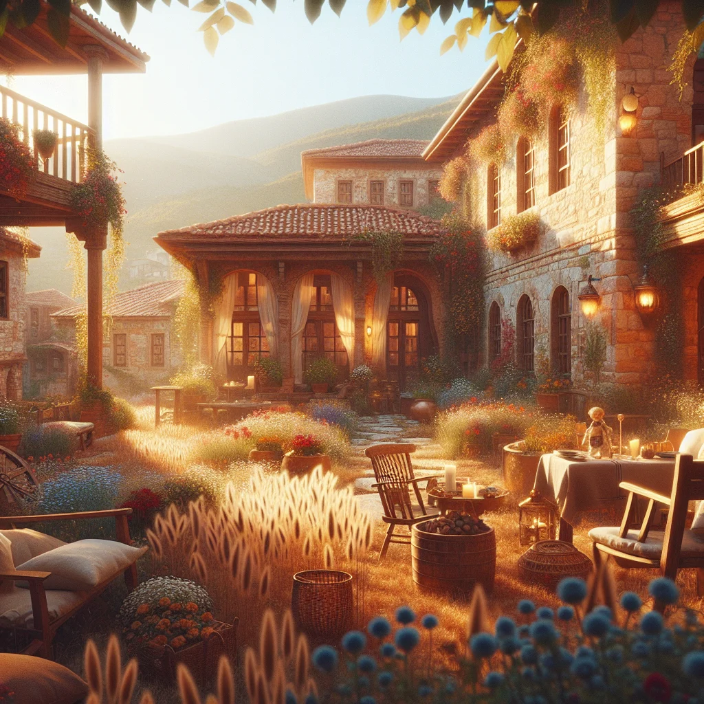 Peaceful courtyard of a traditional slow living hotel in Turkey featuring stone architecture and natural gardens