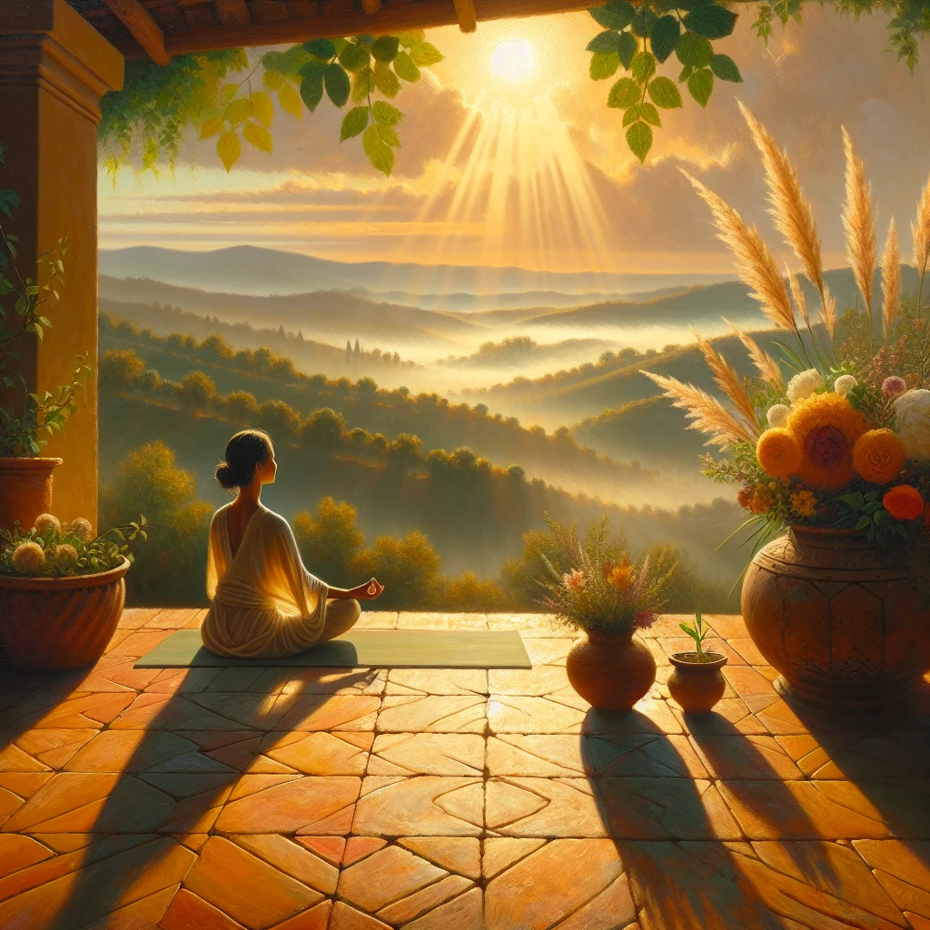 Peaceful outdoor yoga session on a terrace overlooking Umbrian hills at a slow living hotel