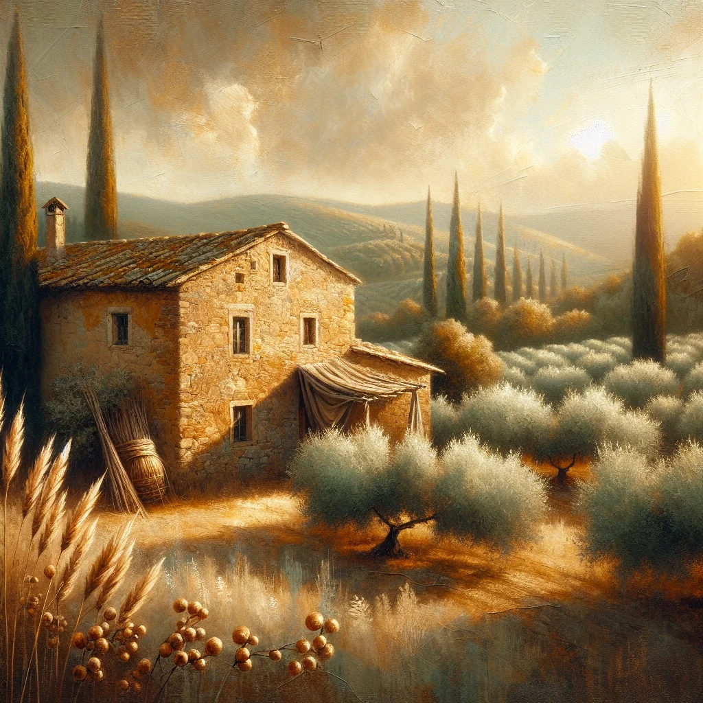 Traditional stone farmhouse surrounded by olive groves and rolling hills in the Umbrian countryside