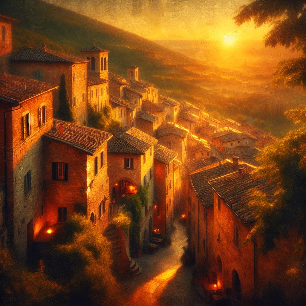 umbrian-hilltop-town-medieval Medieval hilltop town in Umbria with stone buildings, narrow streets, and surrounding green valleys at sunset