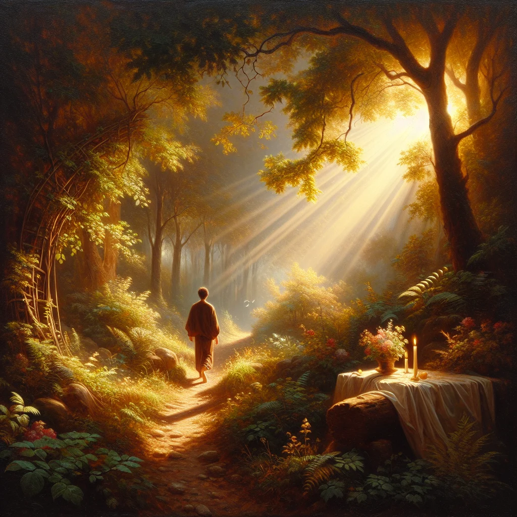 Person walking peacefully on a natural forest path to wellness surrounded by trees and sunlight