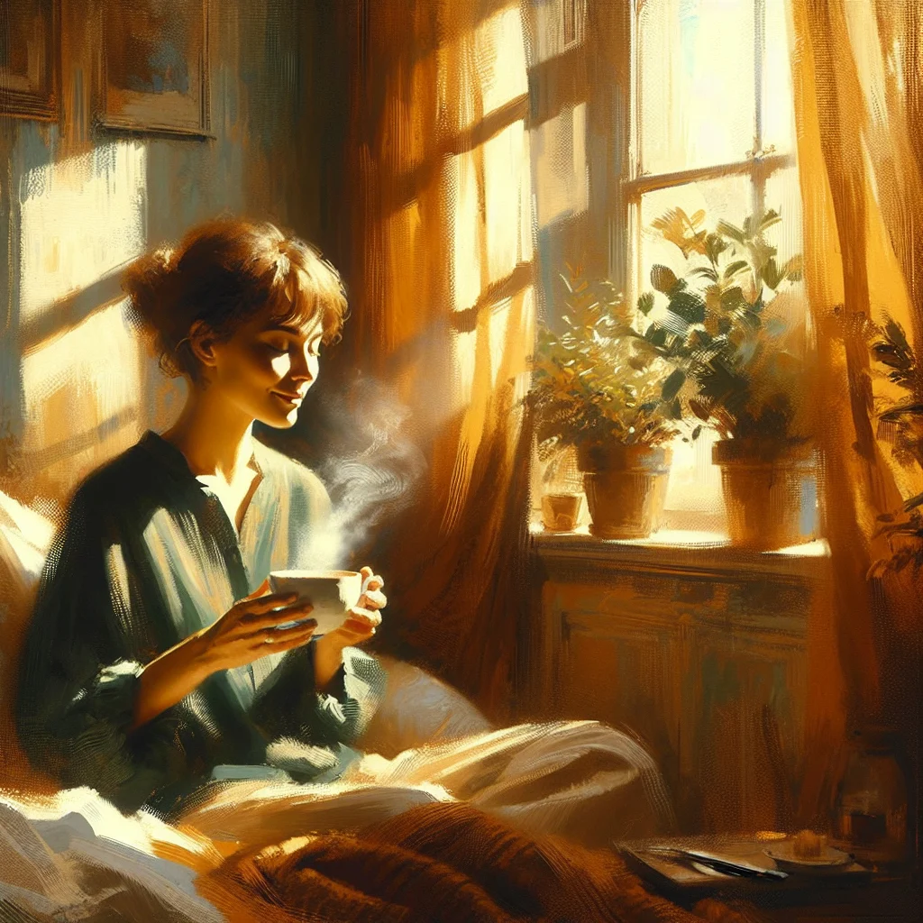 woman-enjoying-morning-coffee-by-window Woman peacefully practicing slow living while enjoying her morning coffee ritual by a sunlit window