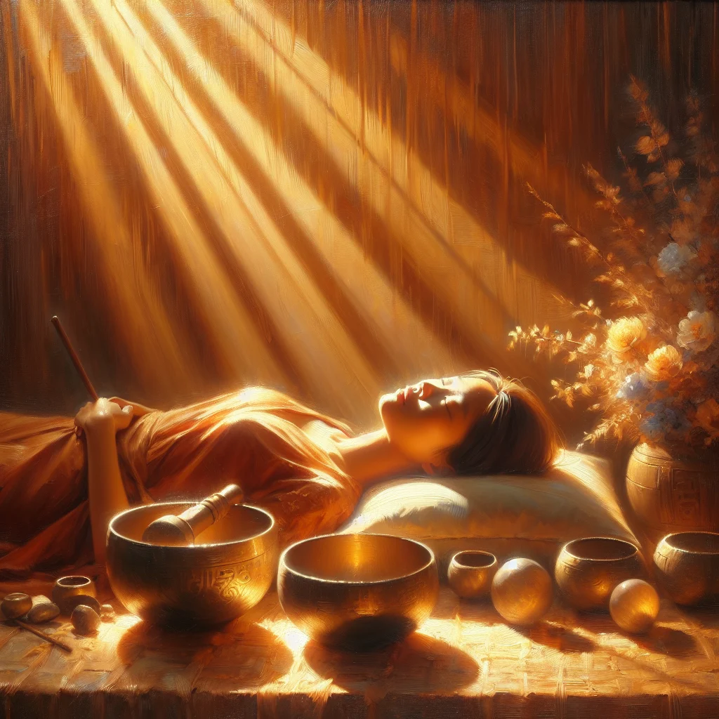 Woman lying down peacefully during a healing sound journey with singing bowls arranged around her