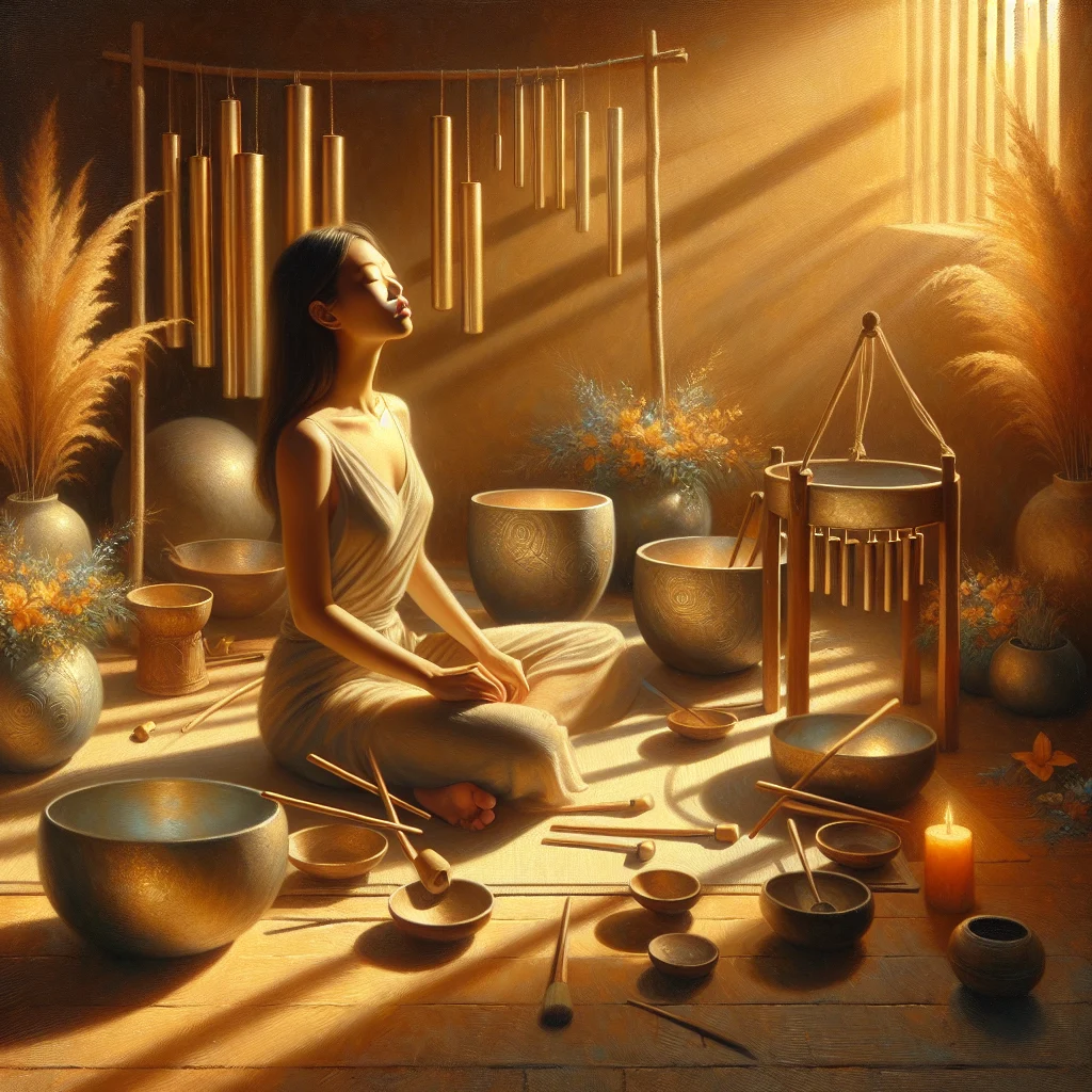 Woman lying down peacefully during a sound bath session with multiple healing instruments around