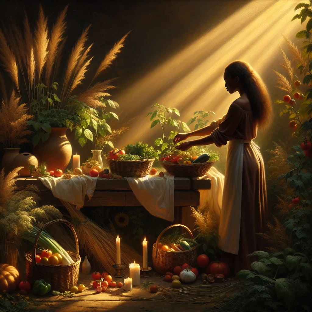 Person enjoying country slow living while gathering fresh produce from a backyard vegetable garden