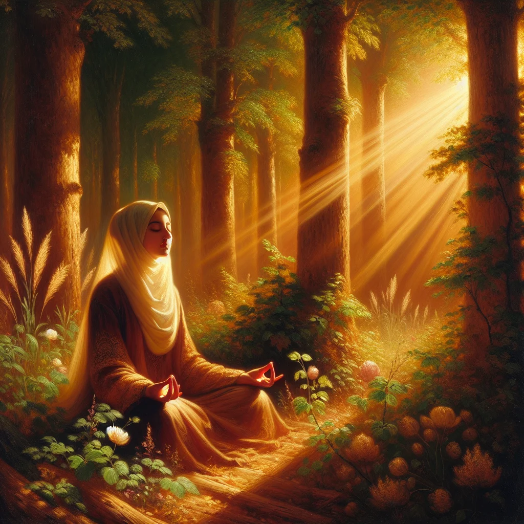 Woman practicing mindfulness sound meditation while listening to natural forest sounds