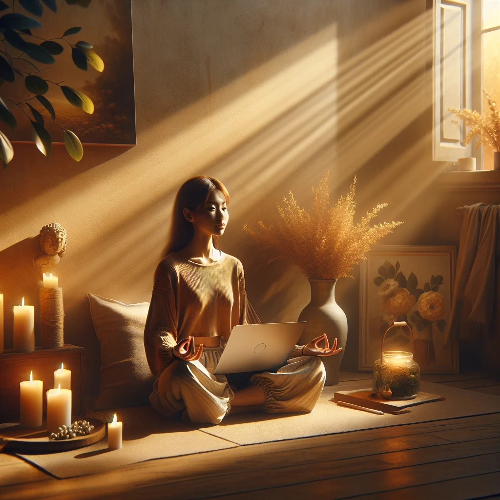 Woman sitting in lotus position practicing online meditation class on laptop in peaceful home environment