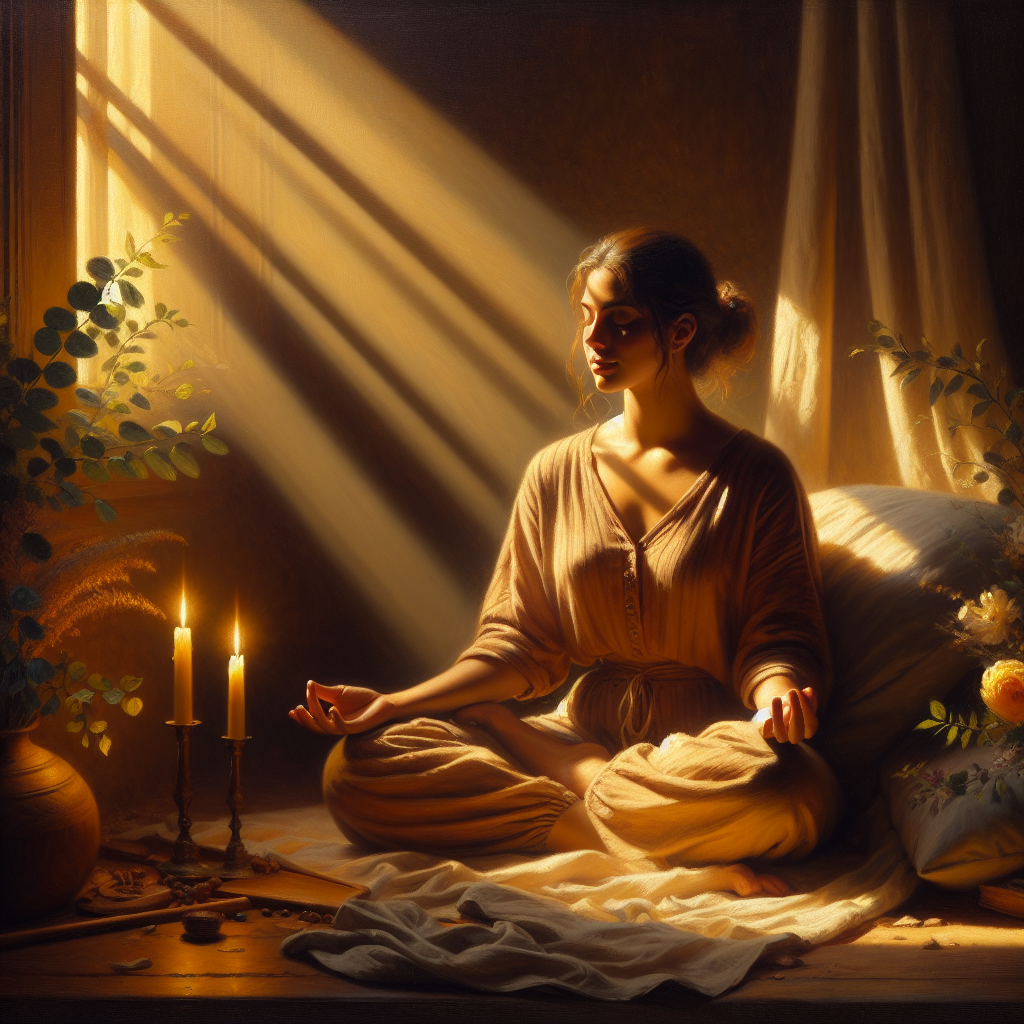 woman-meditating-at-home-setup Woman sitting comfortably in meditation pose at home with eyes closed practicing meditation techniques in a serene home environment