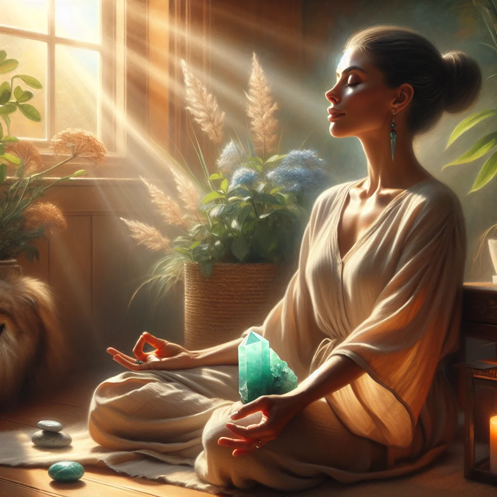 Peaceful woman holding amazonite stone during meditation for emotional healing