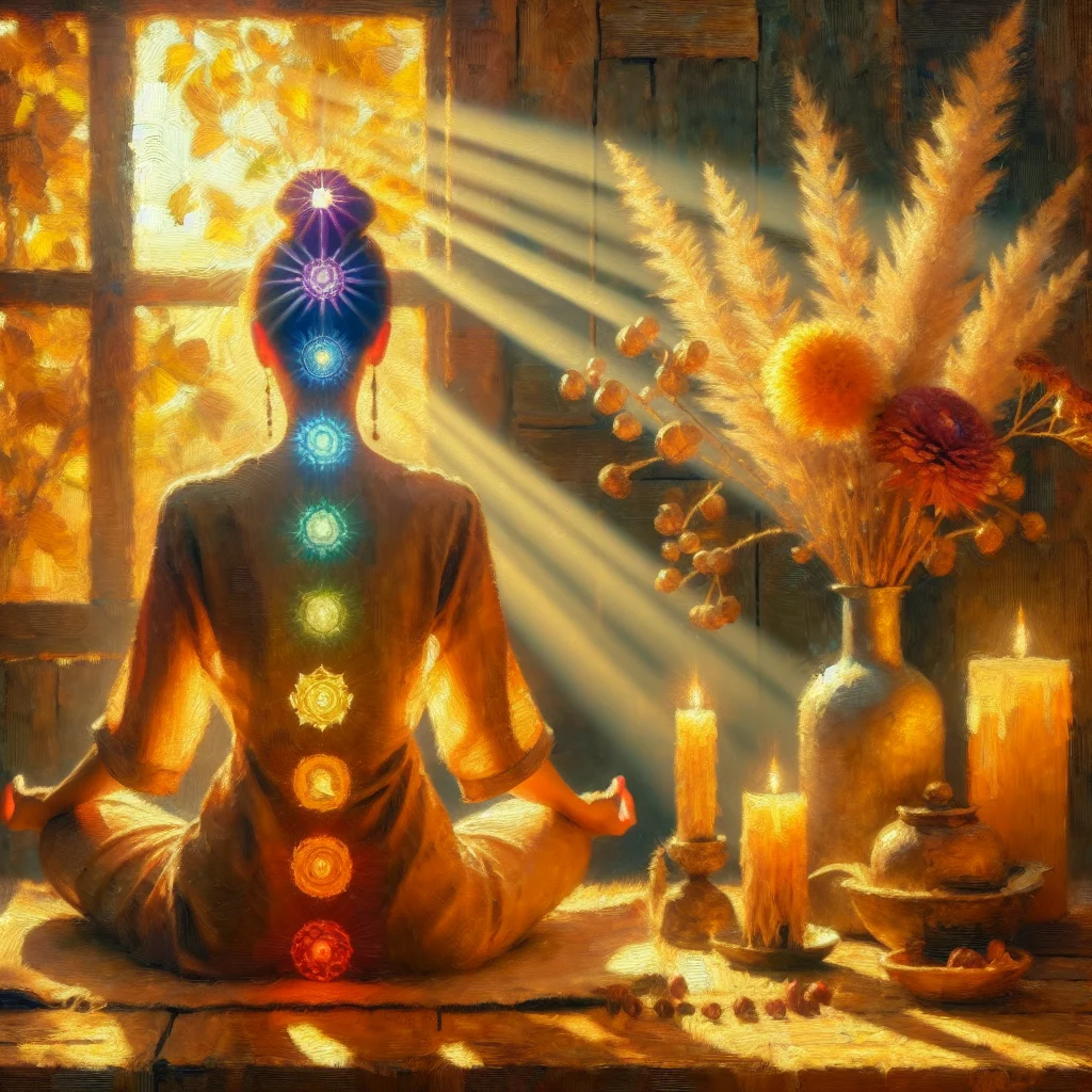 woman-meditating-with-chakra-energy-centers Woman meditating in lotus position with visible chakra points glowing along her body centerline