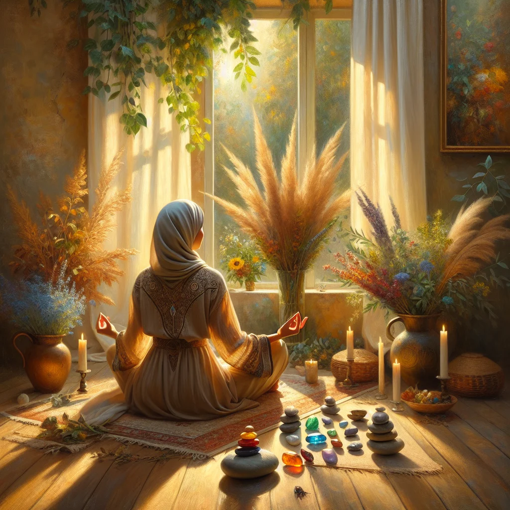 woman-meditating-with-crystals Woman practicing meditation surrounded by self healing stones arranged in a peaceful home setting