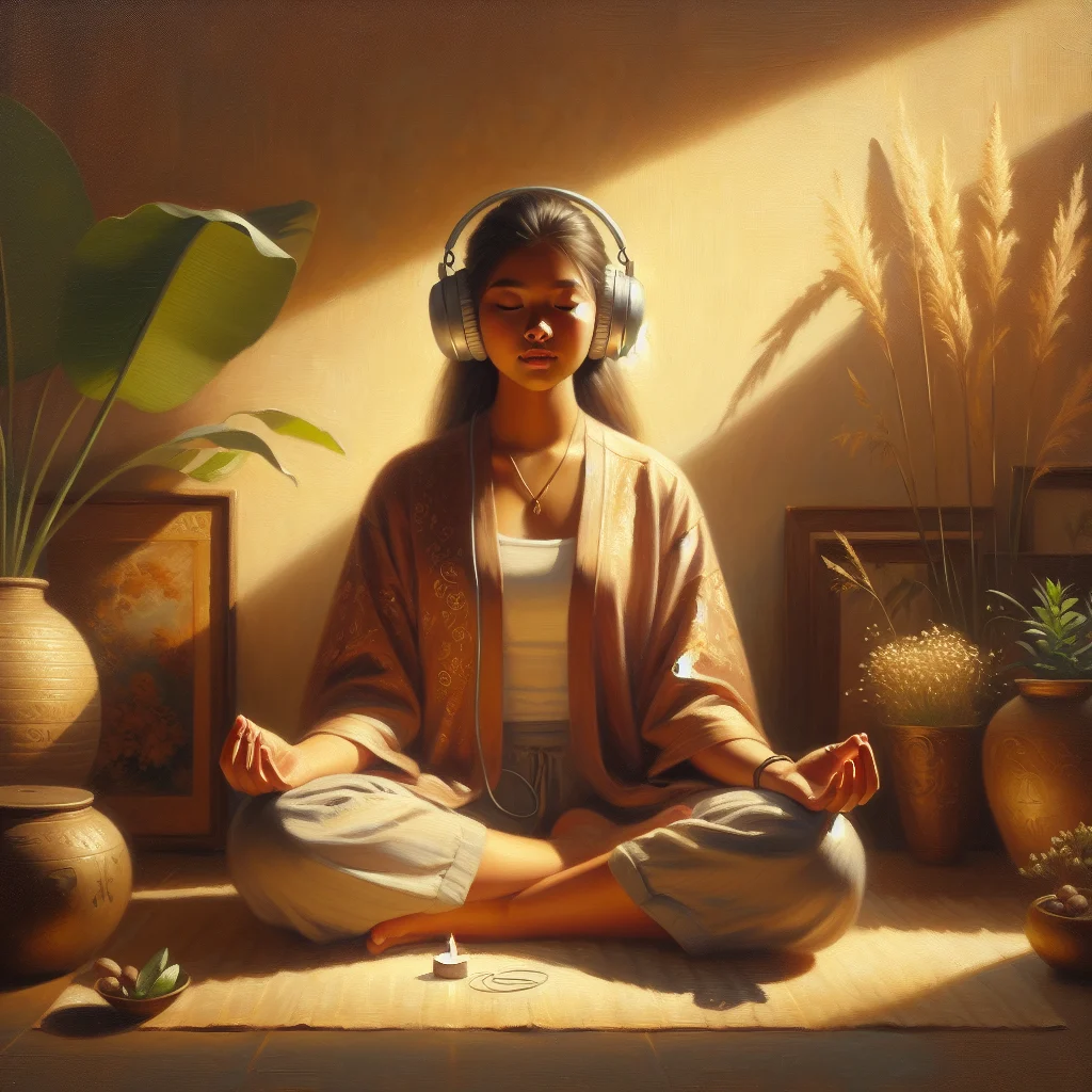Woman sitting peacefully practicing guided mindfulness meditation with headphones in a calm indoor setting