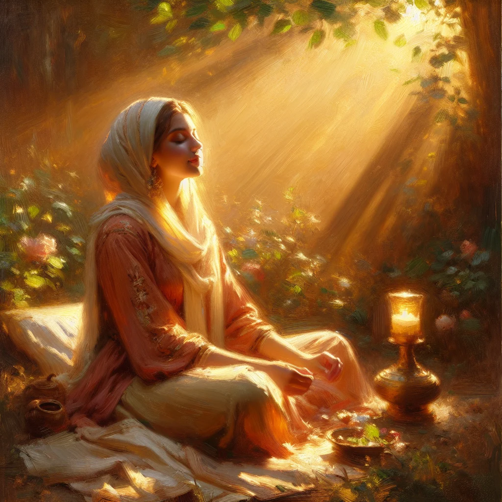 Woman practicing positivity mindfulness meditation in peaceful natural setting with morning sunlight