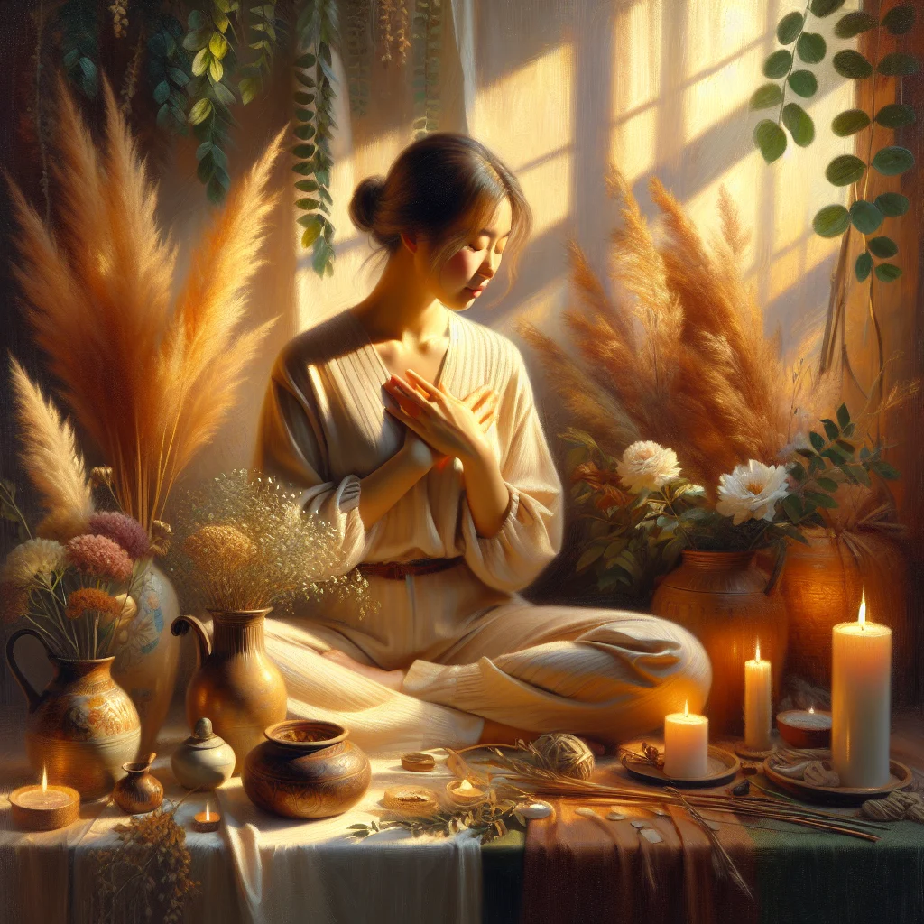 woman-practicing-self-care-and-self-love Woman practicing self-love through mindful meditation and peaceful reflection in a serene environment