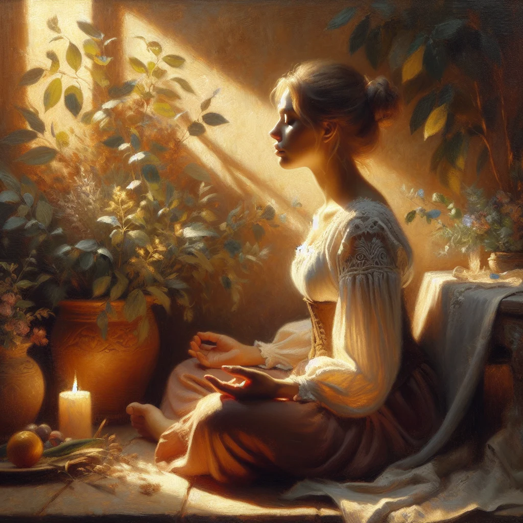 Woman practicing self-care through peaceful meditation for mental health and self love