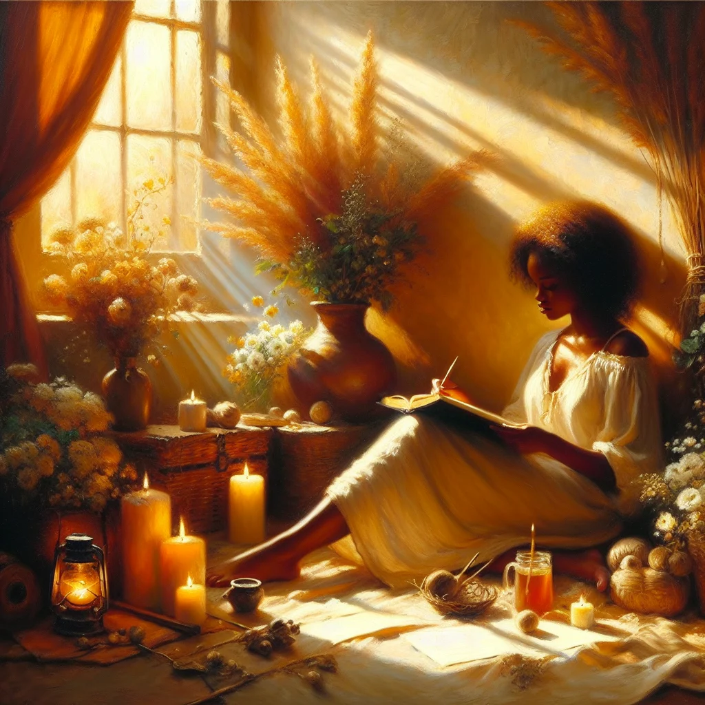 Woman practicing self care routine with journal and tea in peaceful morning setting