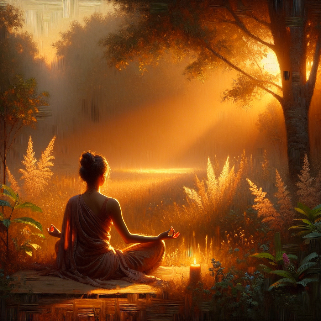 A peaceful woman sitting in meditation pose practicing self-love affirmations in a serene natural setting