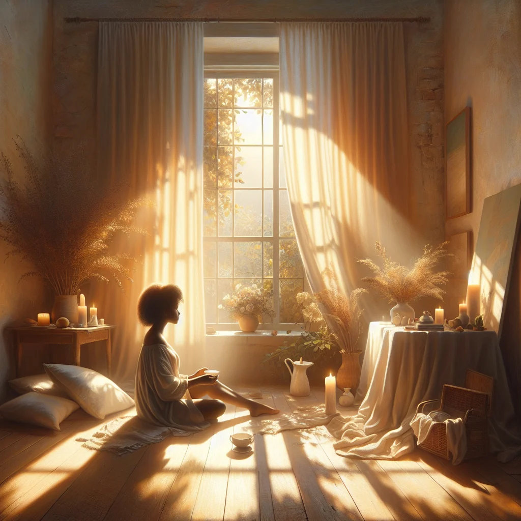 woman-practicing-slow-living-morning-ritual Woman practicing slow living with Princess Luk inspired morning ritual in peaceful home setting